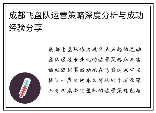 成都飞盘队运营策略深度分析与成功经验分享
