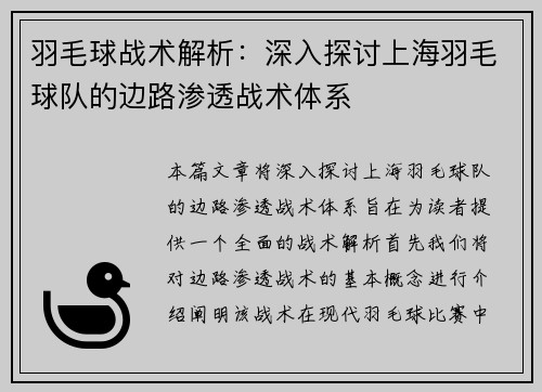 羽毛球战术解析：深入探讨上海羽毛球队的边路渗透战术体系