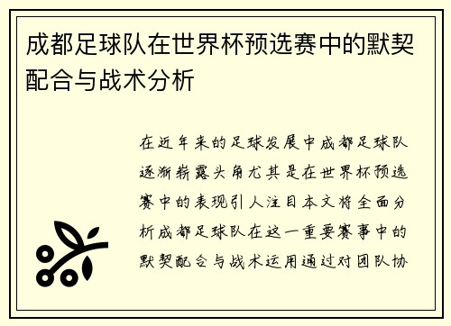 成都足球队在世界杯预选赛中的默契配合与战术分析