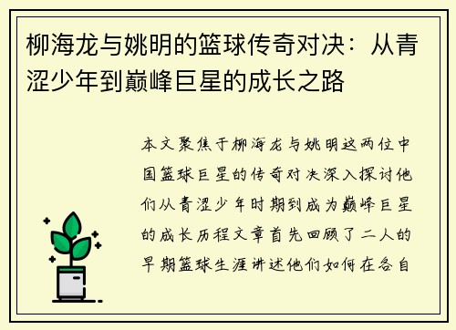 柳海龙与姚明的篮球传奇对决：从青涩少年到巅峰巨星的成长之路