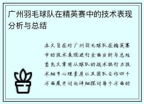 广州羽毛球队在精英赛中的技术表现分析与总结