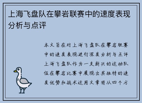 上海飞盘队在攀岩联赛中的速度表现分析与点评