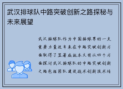 武汉排球队中路突破创新之路探秘与未来展望